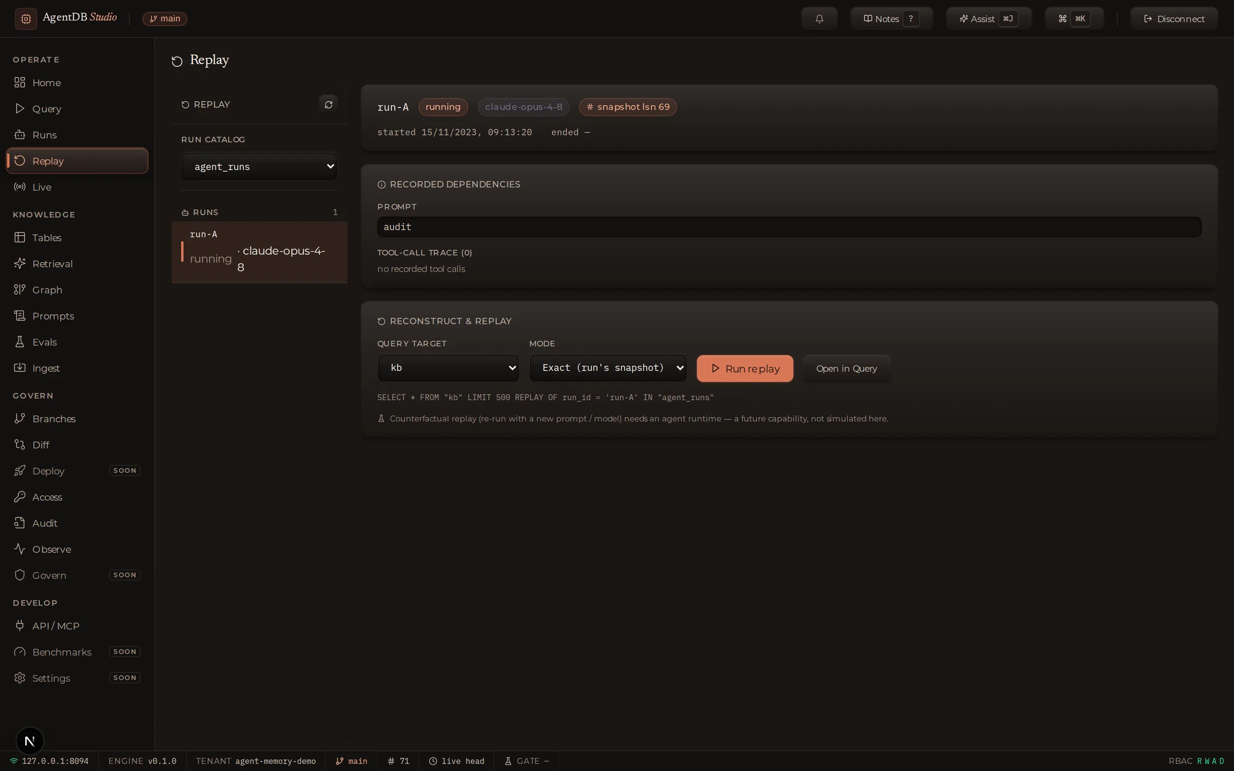AgentDB Studio Replay Lab: a recorded agent run selected for replay, showing the statements it executed.
